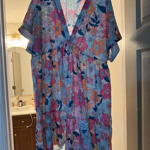 Floral V-Neck Short Sleeve Dress - Pink, Blue & Orange